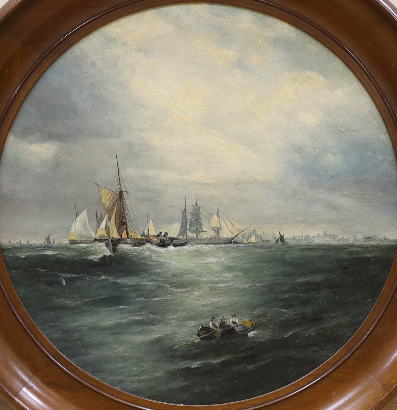 19th century English School, tondo oil on board, Coastal scene with fishing boats, unsigned, 43 x 43cm